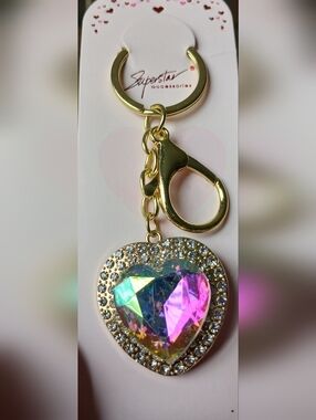 Gold Heart Keychain with Aurora Borealis (AB) Crystal ✨️